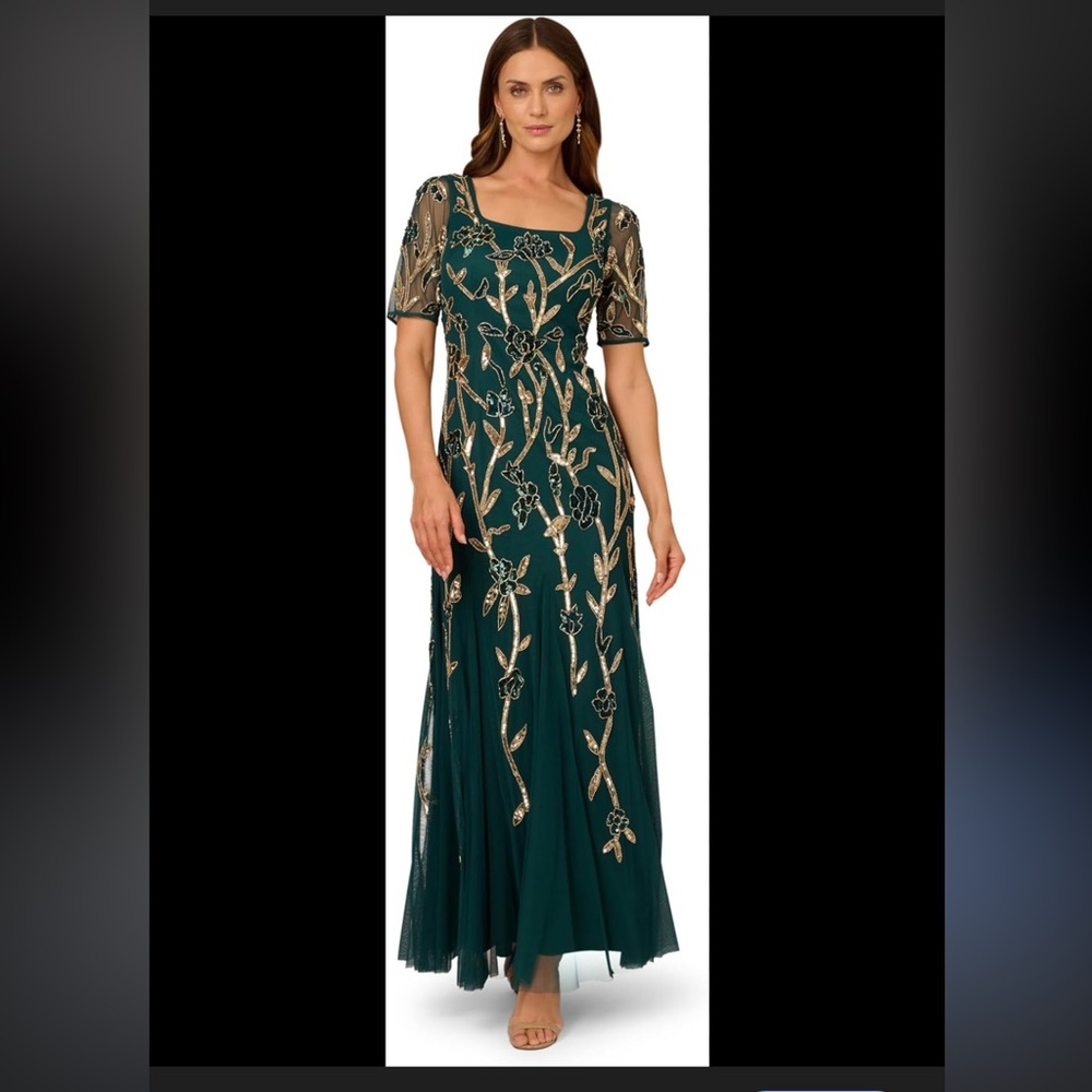 NWT Adrianna Papell Beaded Embellished Green & Gold Mesh Sequin Maxi Dress 10 - Picture 2 of 7